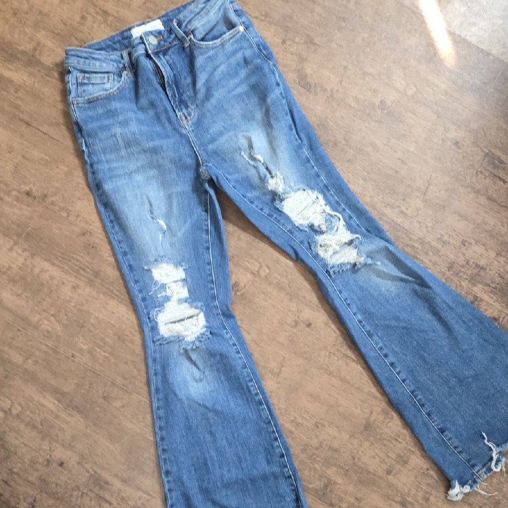 RISEN high Rise StretchDistressed Blue Women's Jeans Flare Bell Sz 7 / 28‎